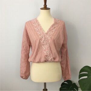 Chloe & Katie Pink Embroidered V-Neck Eladtic Waist Faux Wrap Long Sleeve Top S